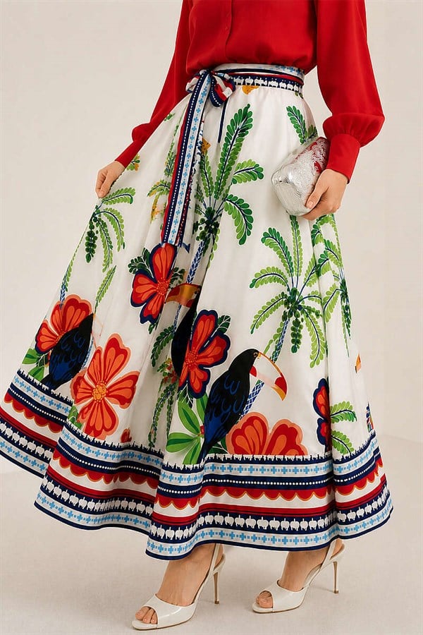 Botanical Patterned Skirt, Ecru