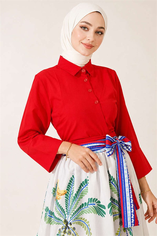 Botanical Patterned Skirt and Two-Piece Set in Red