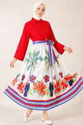 Botanical Patterned Skirt and Two-Piece Set in Red