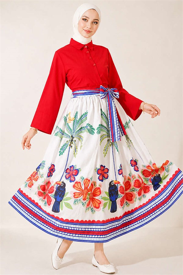 Botanical Patterned Skirt and Two-Piece Set in Red