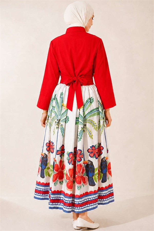 Botanical Patterned Skirt and Two-Piece Set in Red
