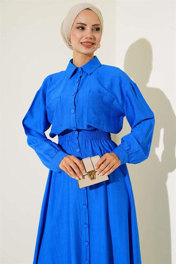 Double Pocket Buttoned Dress in Saxe