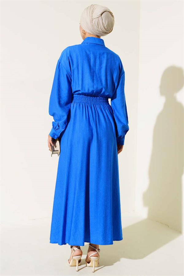 Double Pocket Buttoned Dress in Saxe