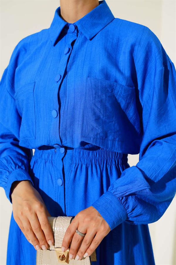 Double Pocket Buttoned Dress in Saxe