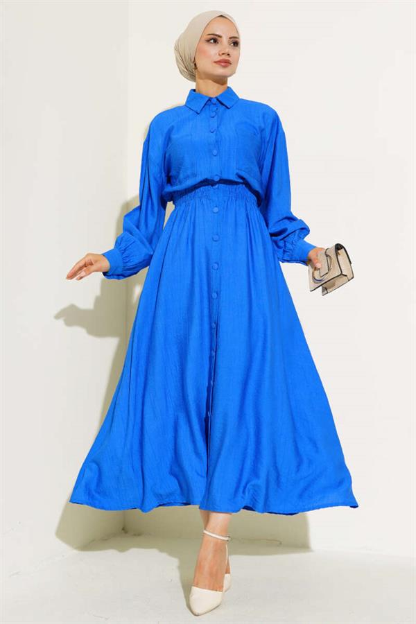 Double Pocket Buttoned Dress in Saxe