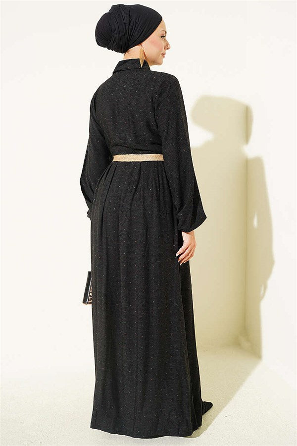 Full-Length Buttoned Dress with Dart Detail, Black