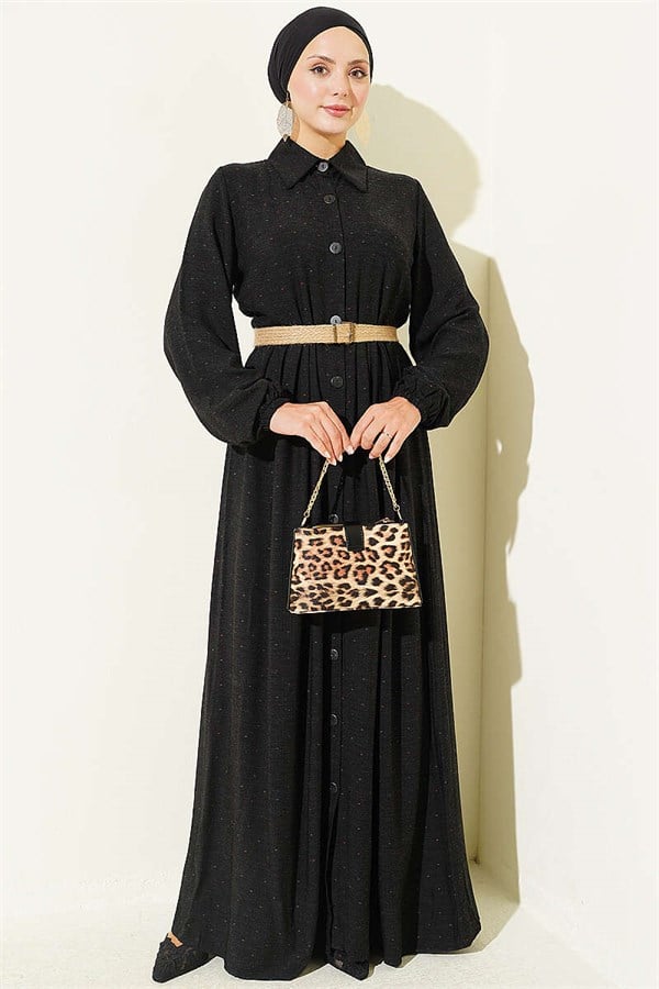 Full-Length Buttoned Dress with Dart Detail, Black