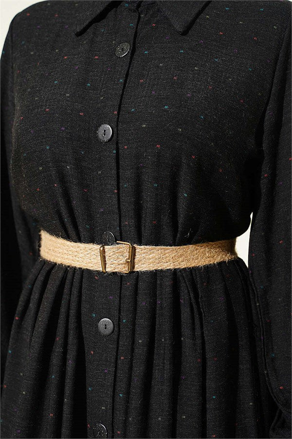Full-Length Buttoned Dress with Dart Detail, Black