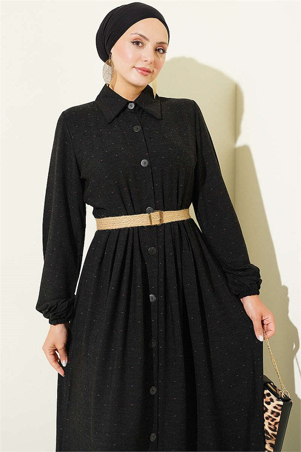 Full-Length Buttoned Dress with Dart Detail, Black