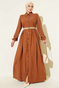 Full-length dress with dart detail, tan.