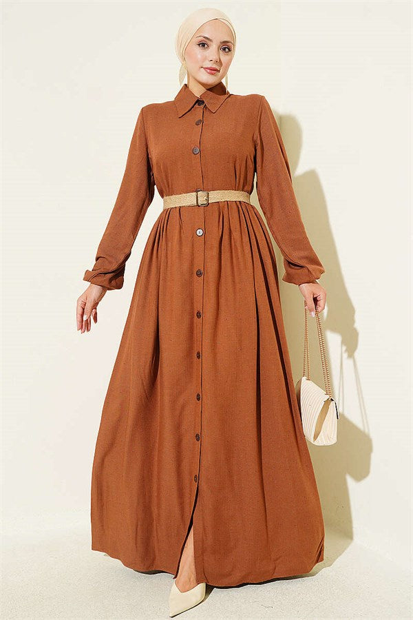 Full-length dress with dart detail, tan.