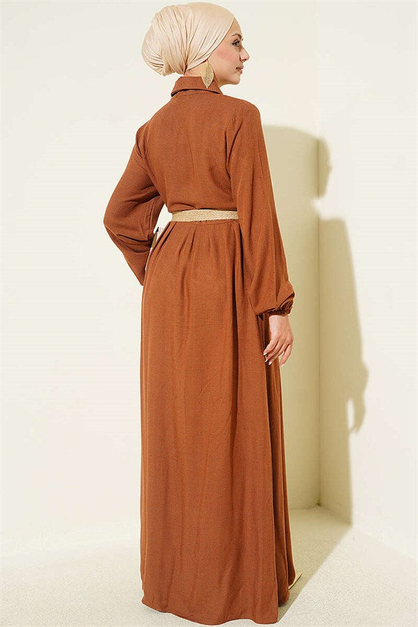 Full-length dress with dart detail, tan.
