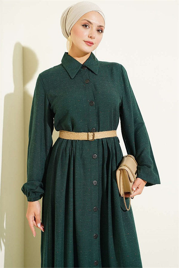 Full-Length Buttoned Dress with Dart Detail, Emerald Green