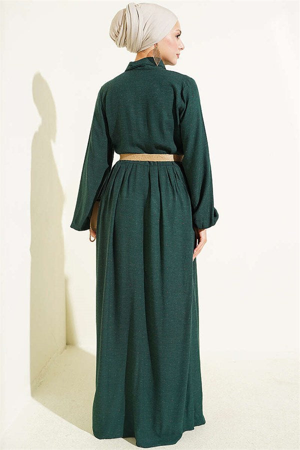 Full-Length Buttoned Dress with Dart Detail, Emerald Green