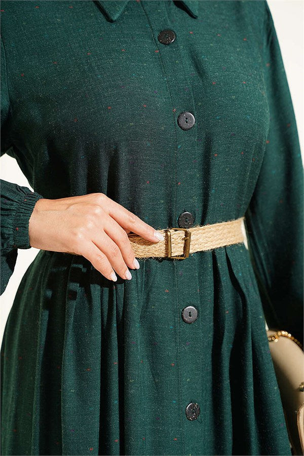 Full-Length Buttoned Dress with Dart Detail, Emerald Green