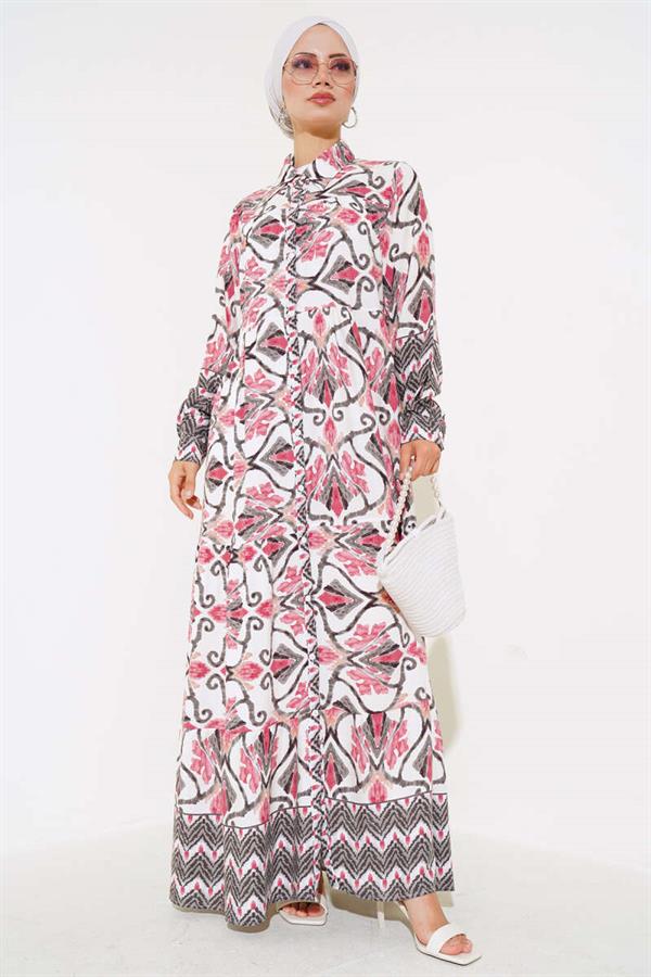 Full Length Buttoned Viscose Dress Dusty Rose Black