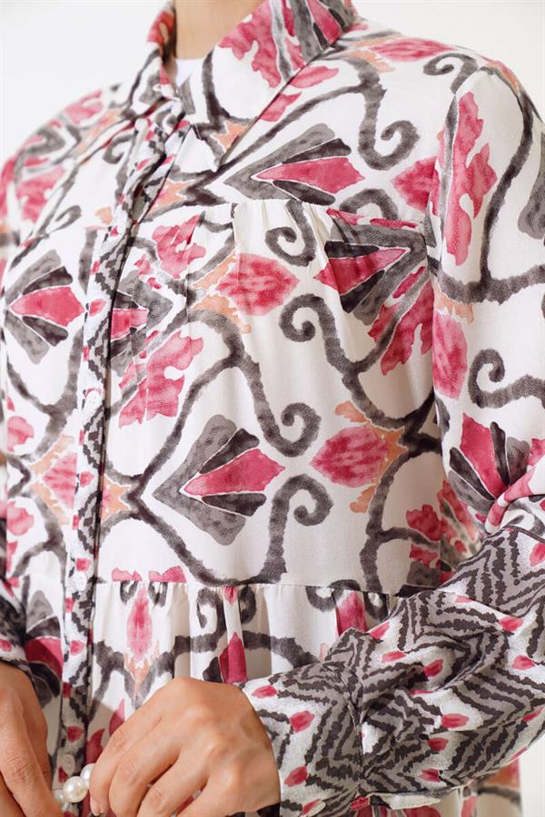 Full Length Buttoned Viscose Dress Dusty Rose Black