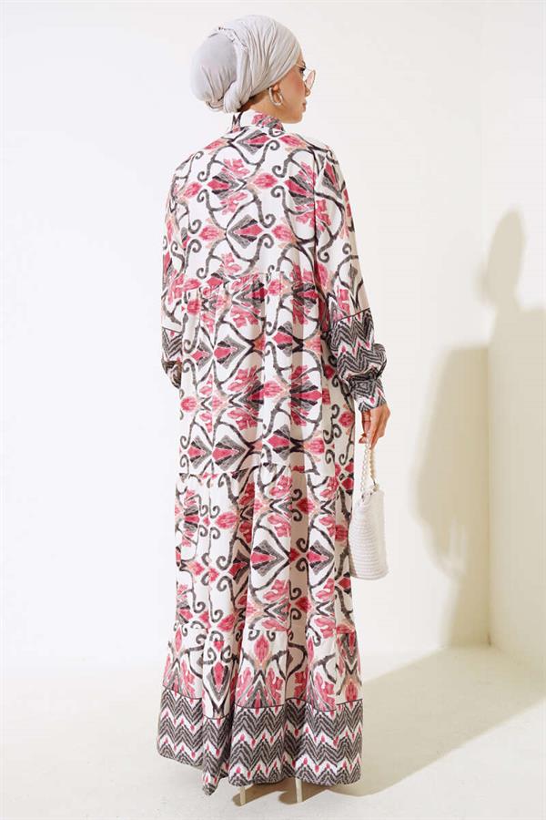 Full Length Buttoned Viscose Dress Dusty Rose Black