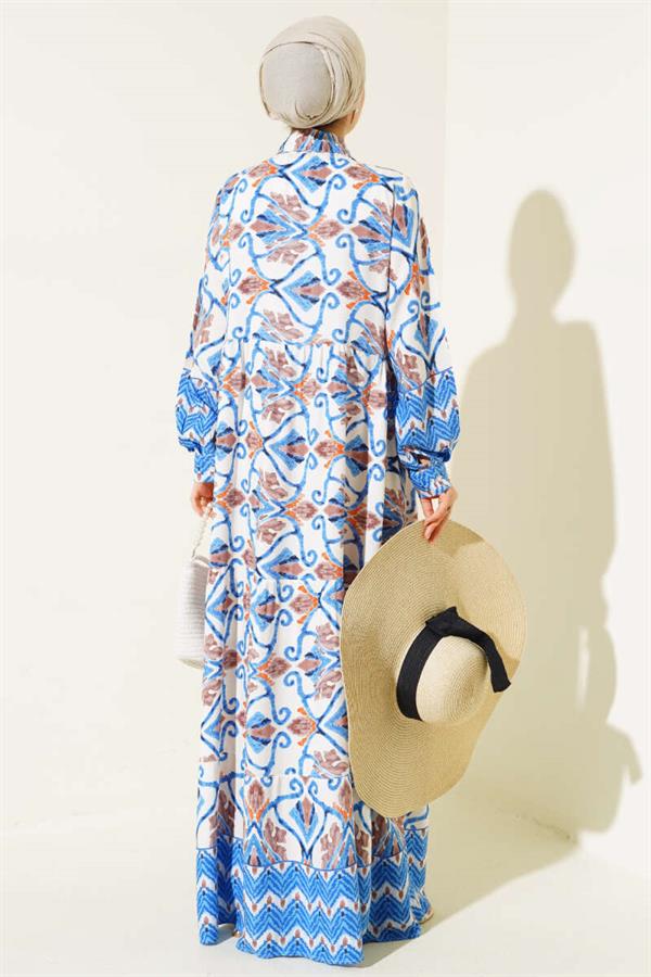 Buttoned Viscose Dress Blue Brown