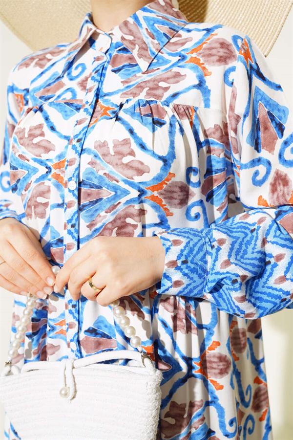 Buttoned Viscose Dress Blue Brown