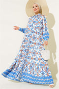 Buttoned Viscose Dress Blue Brown