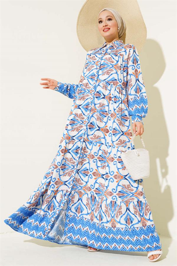 Buttoned Viscose Dress Blue Brown