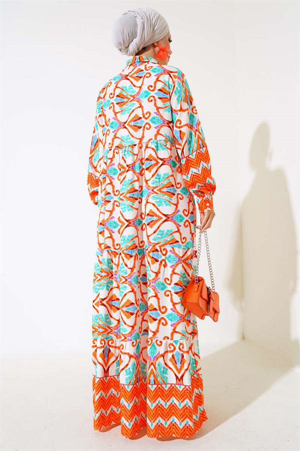 Buttoned Viscose Dress Orange Green