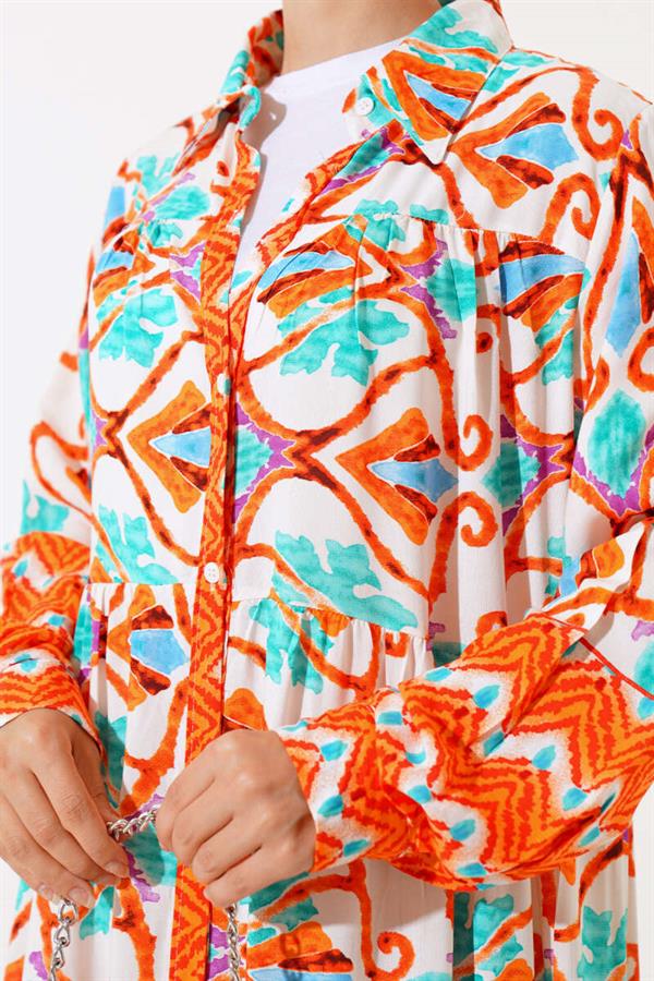 Buttoned Viscose Dress Orange Green