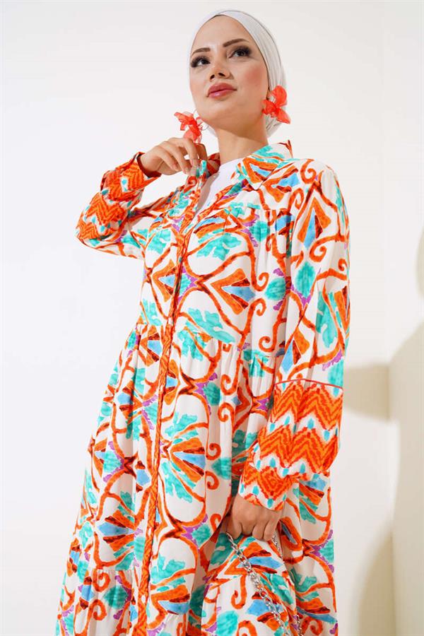 Buttoned Viscose Dress Orange Green