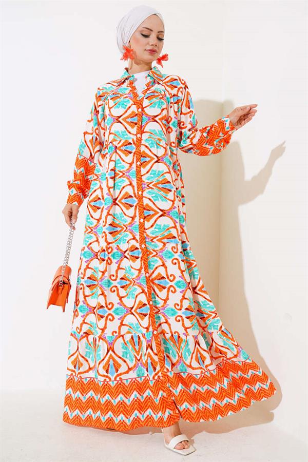Buttoned Viscose Dress Orange Green