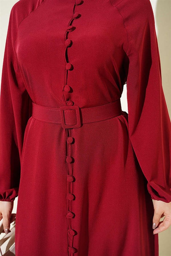 Full-Length British Button-Down Belted Dress, Burgundy