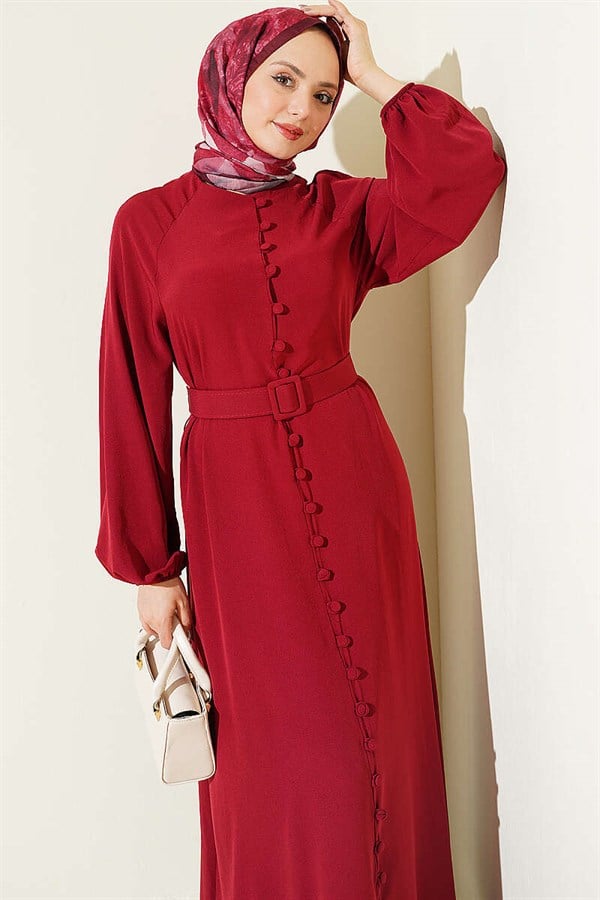 Full-Length British Button-Down Belted Dress, Burgundy
