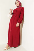 Full-Length British Button-Down Belted Dress, Burgundy