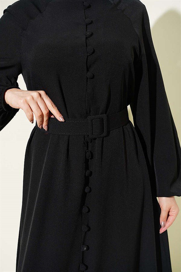 Full-Length British Button-Down Belted Dress, Black