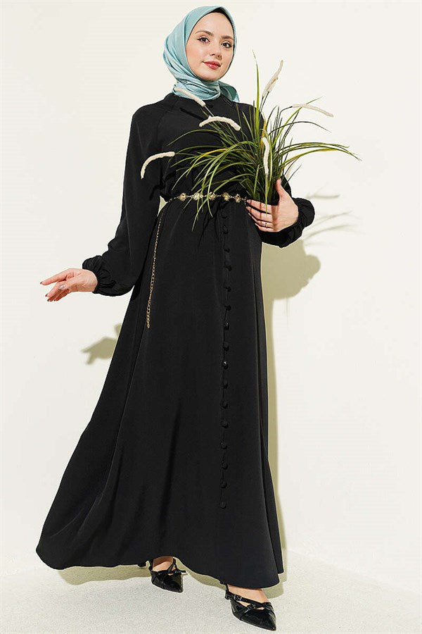 Full-Length British Button-Down Belted Dress, Black