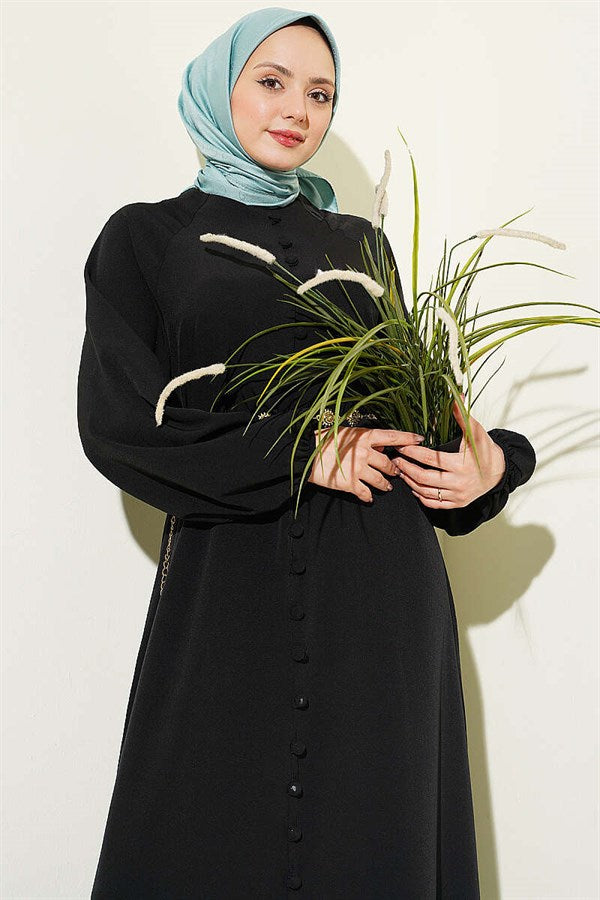 Full-Length British Button-Down Belted Dress, Black