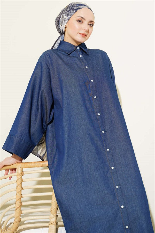 Navy Blue Long Denim Tunic with Snap Buttons Down the Front