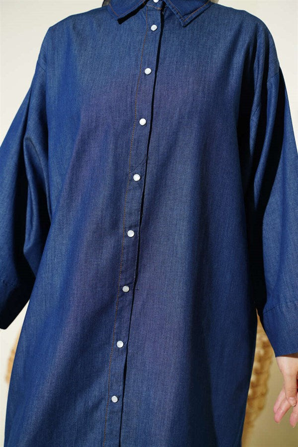 Navy Blue Long Denim Tunic with Snap Buttons Down the Front