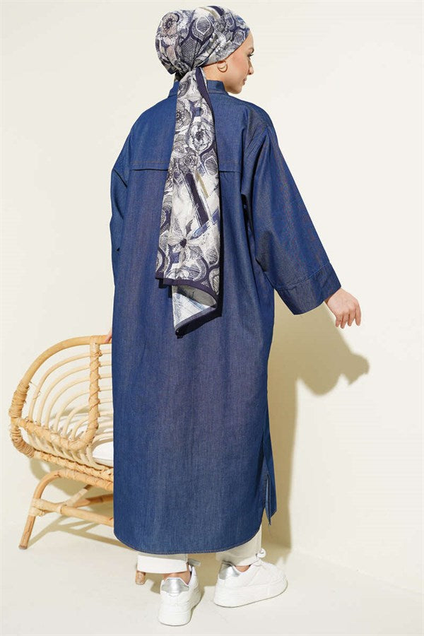 Navy Blue Long Denim Tunic with Snap Buttons Down the Front