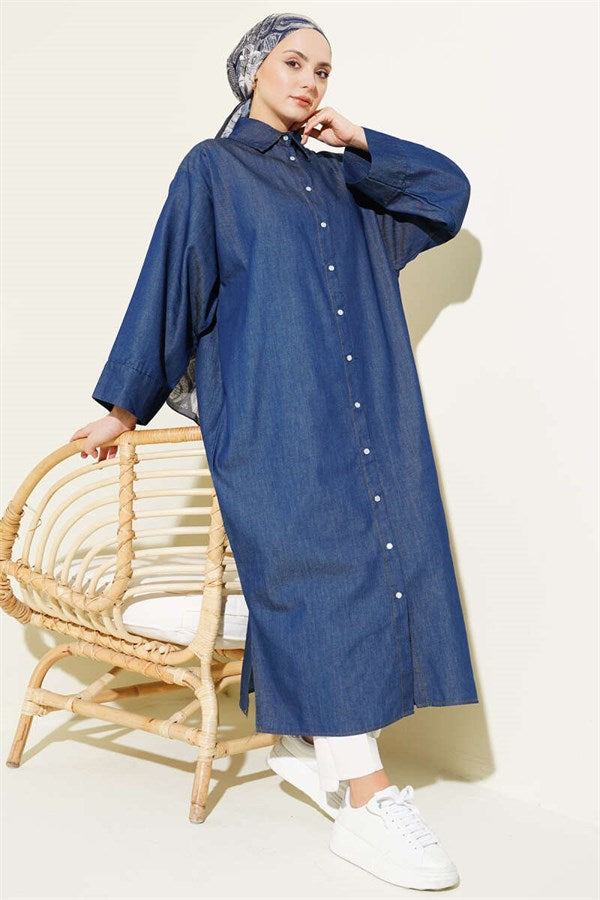 Navy Blue Long Denim Tunic with Snap Buttons Down the Front