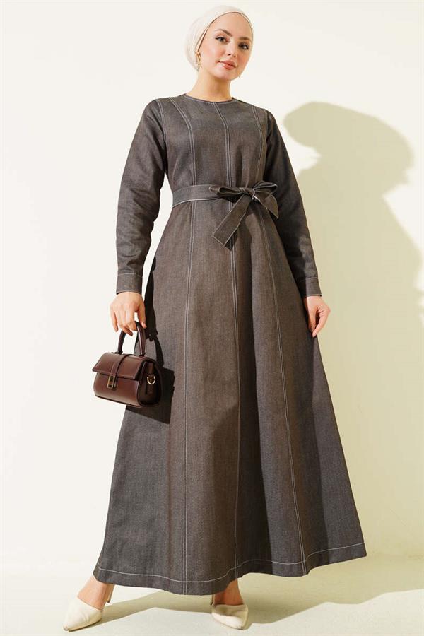 Full-Length Seam Detail Denim Dress in Smoke Grey