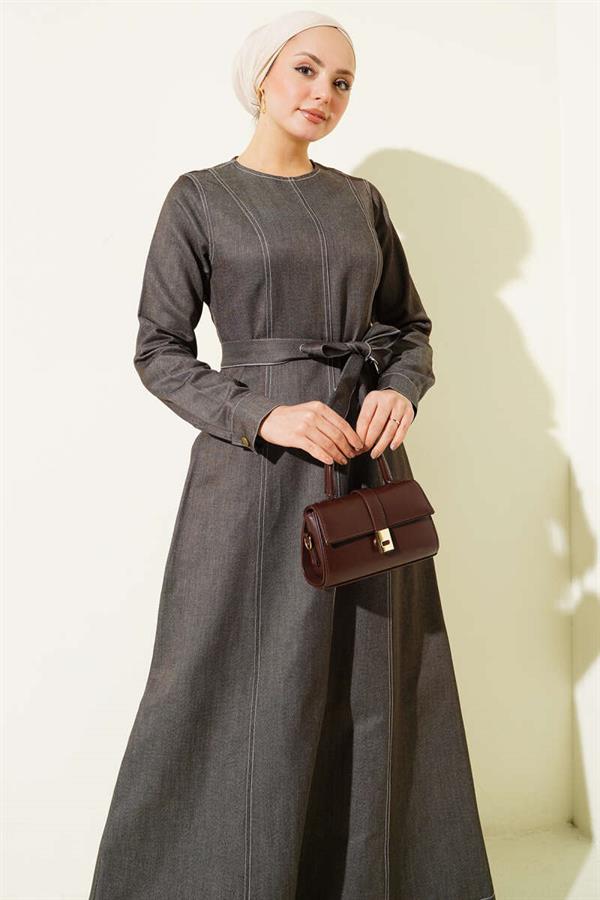 Full-Length Seam Detail Denim Dress in Smoke Grey