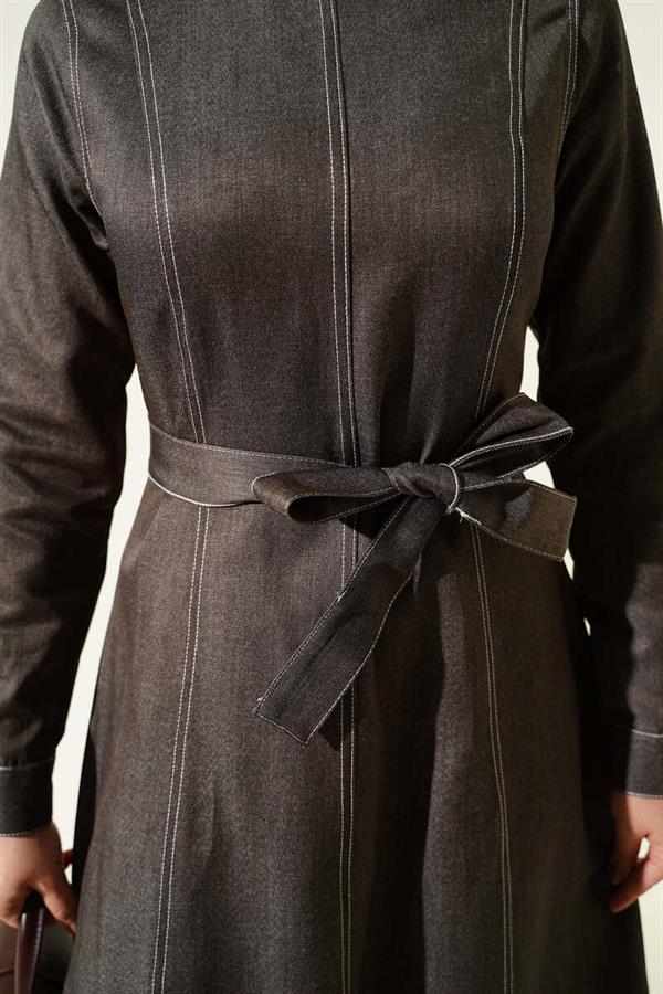 Full-Length Seam Detail Denim Dress in Smoke Grey
