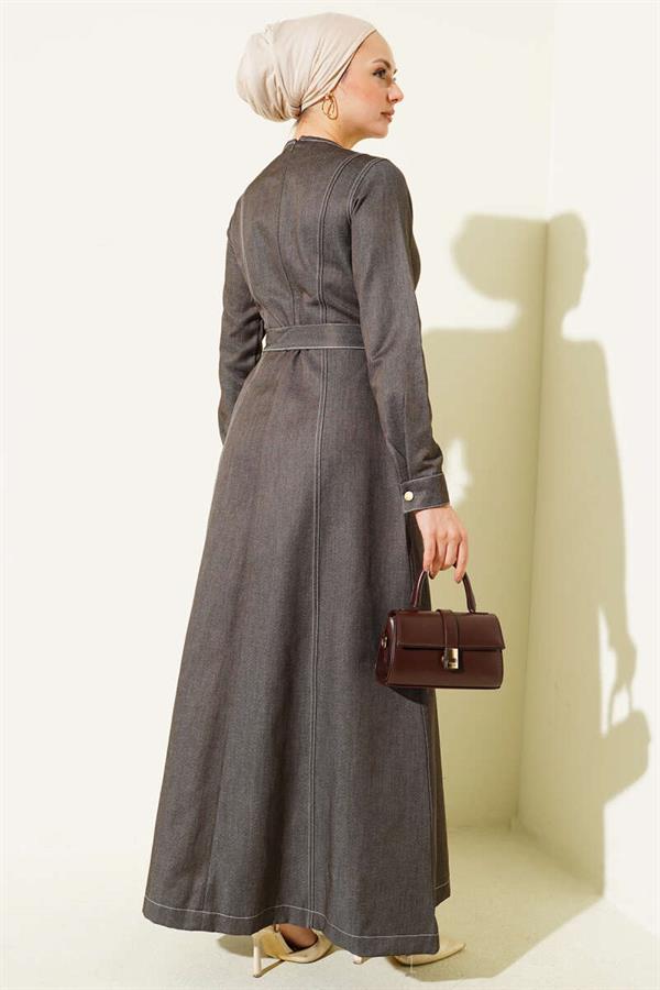 Full-Length Seam Detail Denim Dress in Smoke Grey
