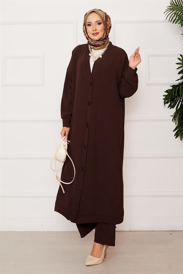 Aerobin Hijab Double-breasted Buttoned 2 Piece Set Bitter Brown