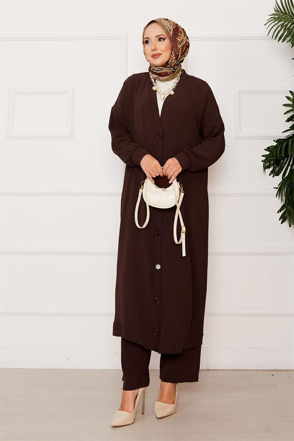 Aerobin Hijab Double-breasted Buttoned 2 Piece Set Bitter Brown