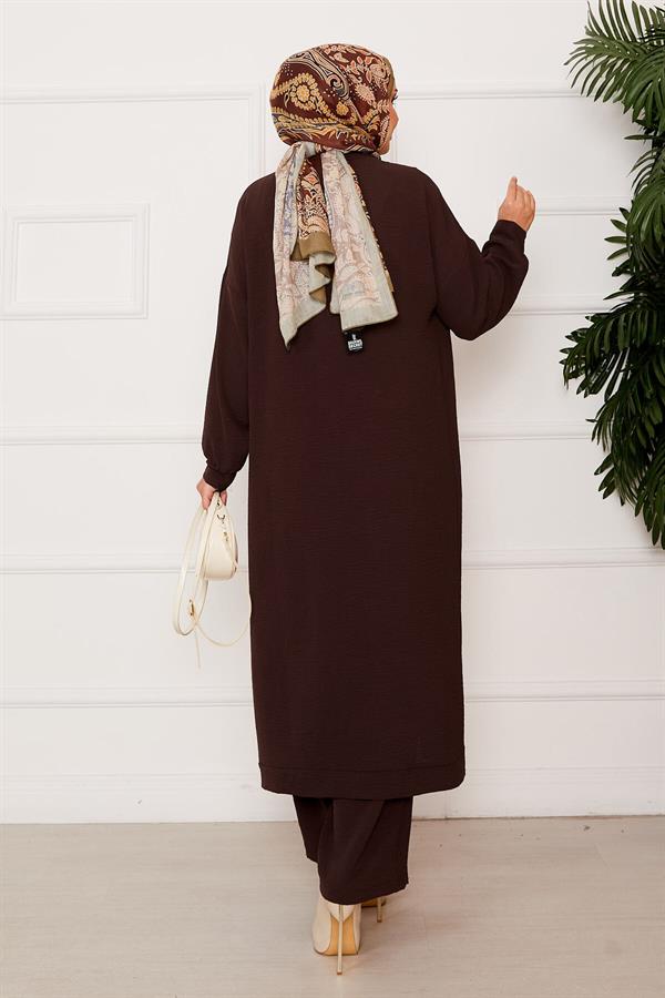 Aerobin Hijab Double-breasted Buttoned 2 Piece Set Bitter Brown