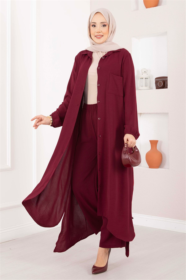 Full-Length Buttoned Aerobin Hijab 2 Piece Set, Burgundy