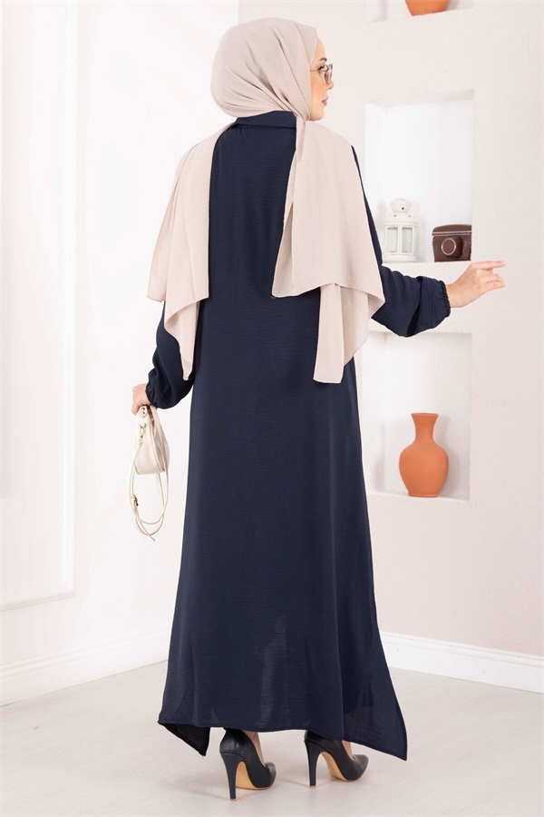 Full-Length Buttoned Aerobin Hijab 2 Piece Set, Navy Blue