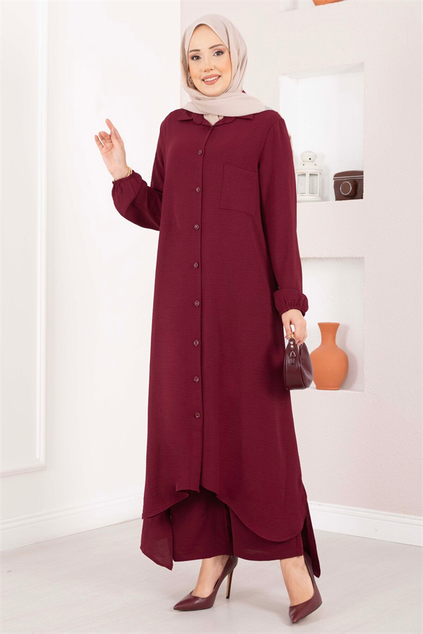 Full-Length Buttoned Aerobin Hijab 2 Piece Set, Burgundy